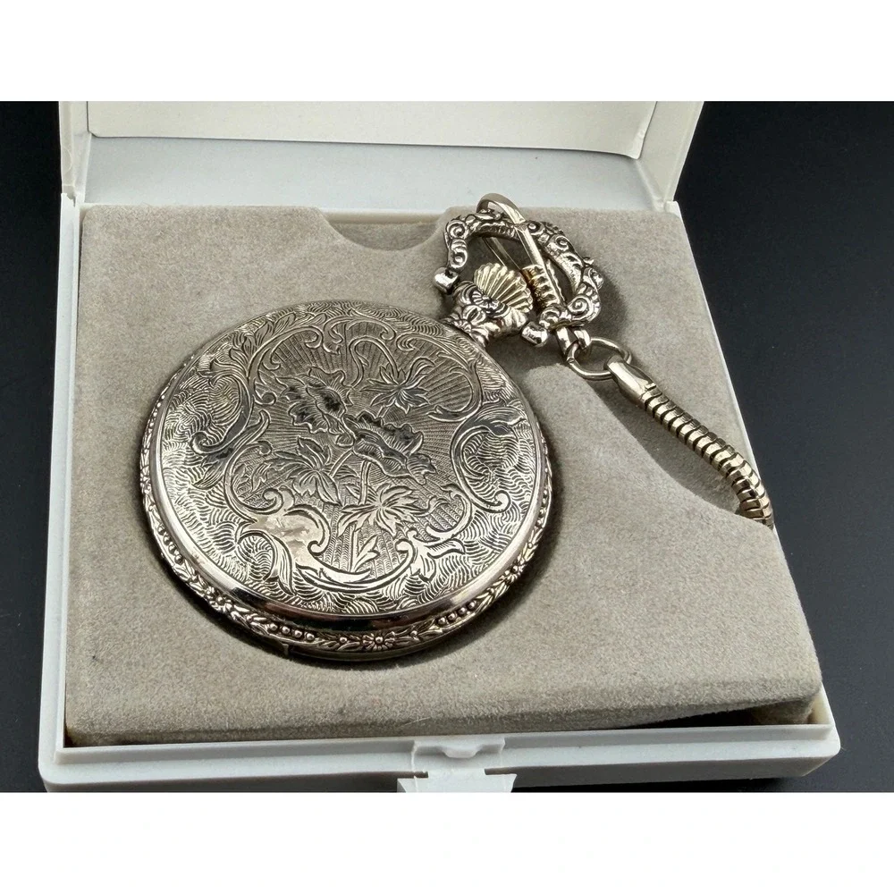 Unitron Quartz Pocket Watch: Silver Tone, Ornate Equestrian Hunter, for Repair